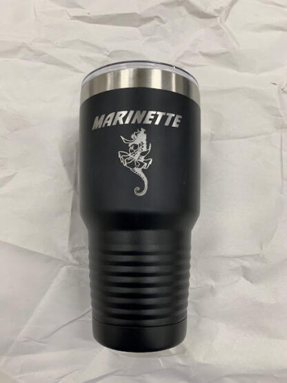 30 oz Tumbler with the Marinette Logo laser engraved on it